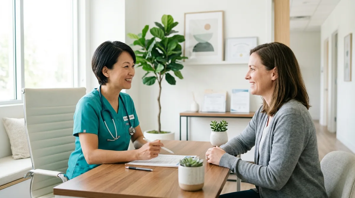 A Paheal health professional talking with a patient